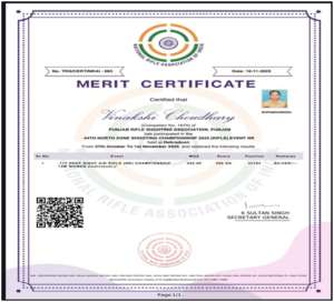 Winning a Silver Medal at the 44th North Zone Shooting Championship 2025 (Rifle), organized under the aegis of the National Rifle Association of India (NRAI). Representing the Punjab Rifle Shooting Association, Punjab. August 27, 2025