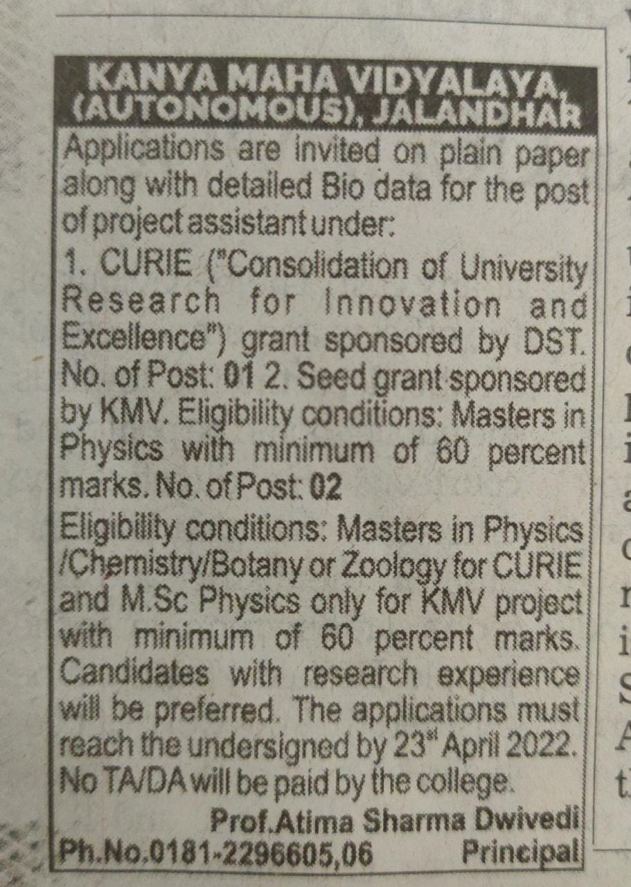 Recruitment of Project Assistant Under CURIE Grant